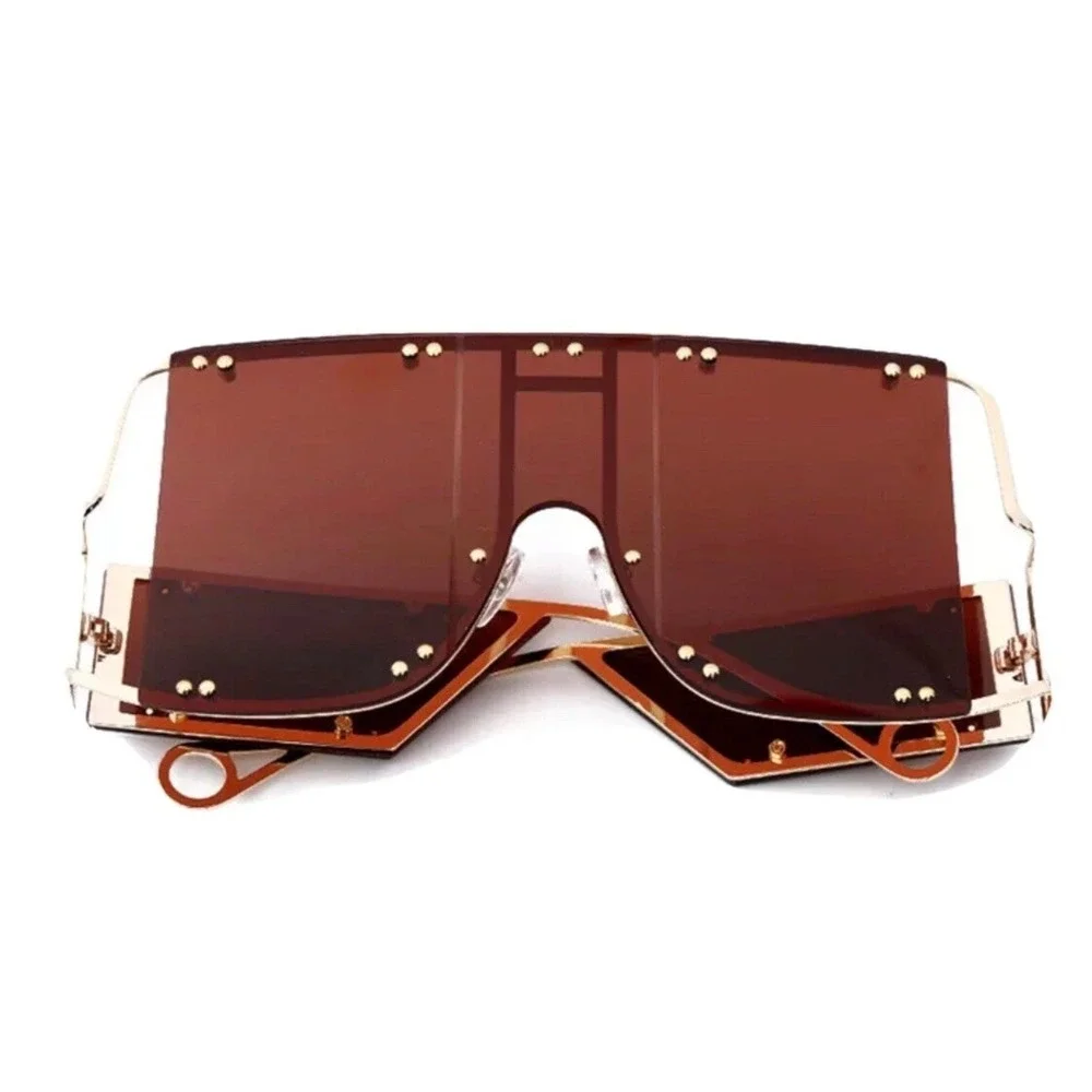 Shield Sunglasses Womens OS Brown NEW Oversized Gold Rivet Rimless Flat Top